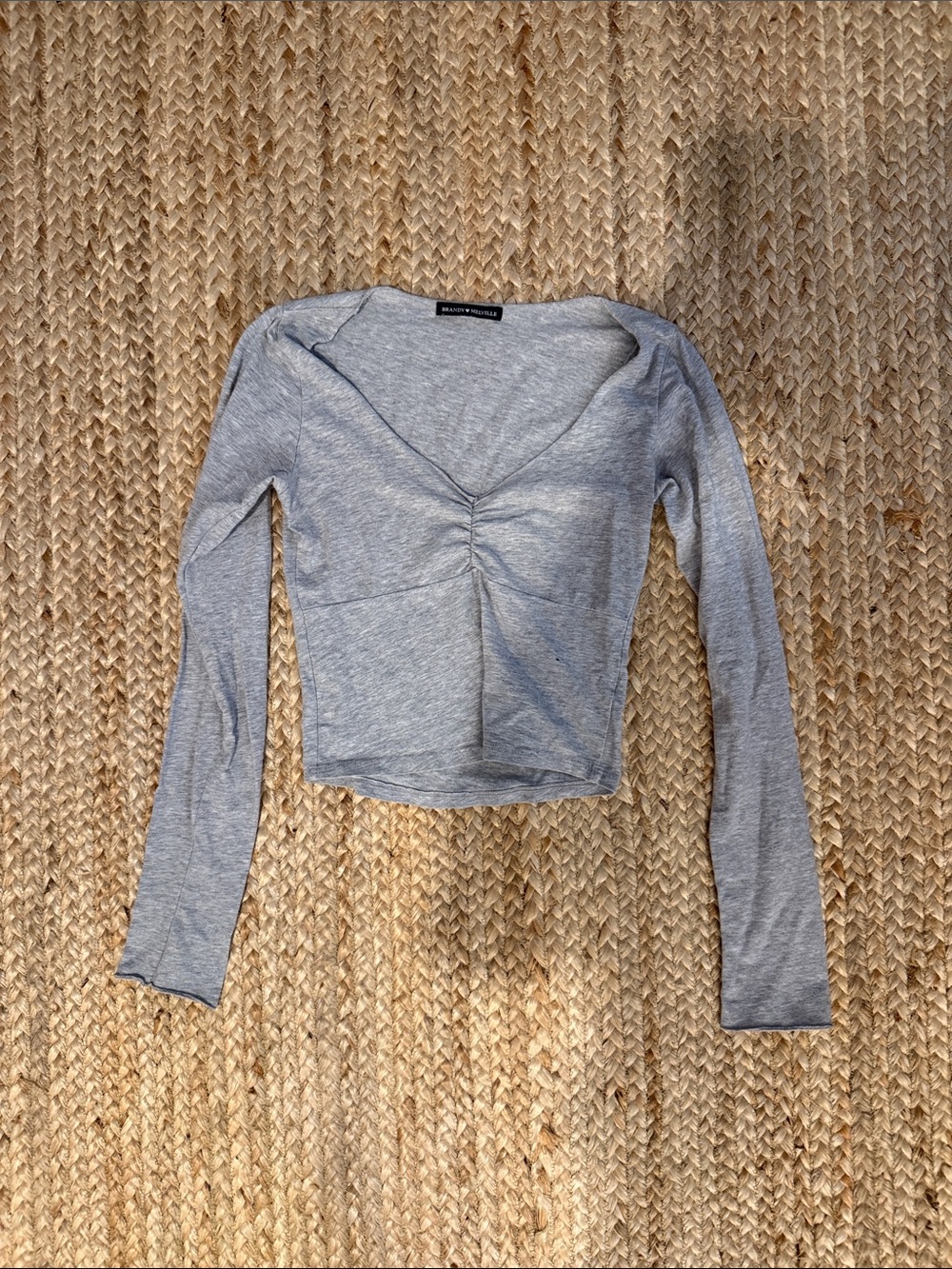 Brandy Melville Heather Gray Ruched V-Neck Long Sleeve Top
